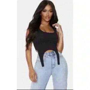 Pretty little Thing shape Black crepe curved hem corset crop top Size 4